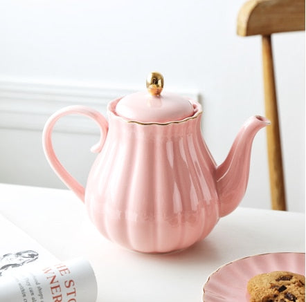 Ceramic Teapot Pumpkin Shape Hand Painted Gold Bone China With Tea Strainer Elegant Pot Set 1L Pink