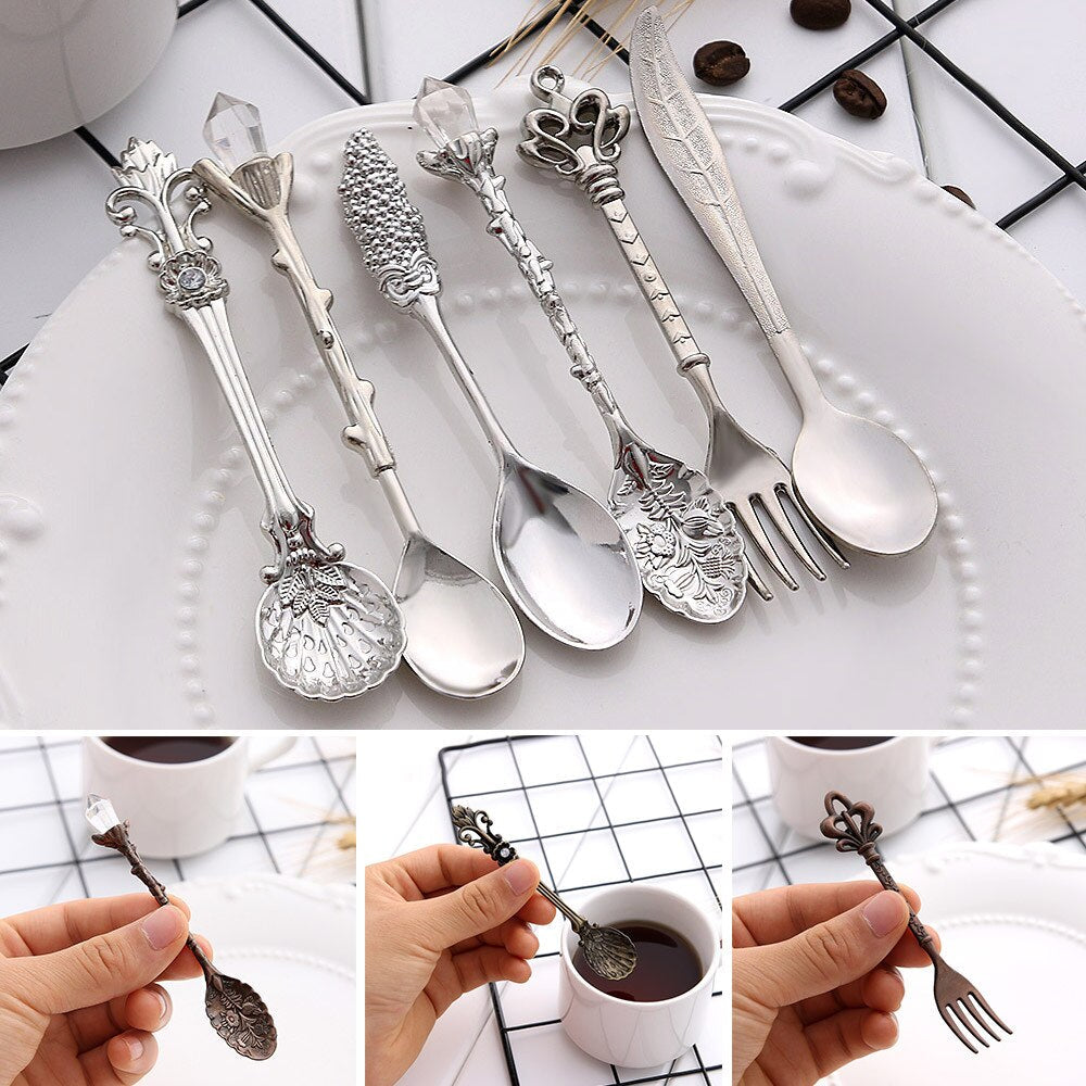 6Pcs Vintage Spoons Fork Cutlery Set Mini Royal Style Metal Gold Carved Teaspoon Coffee Snacks Fruit