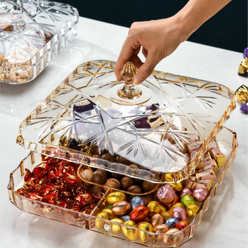 European Style Dried Fruit Plates Compartment With Cover Home Living Room Plastic Transparent Candy