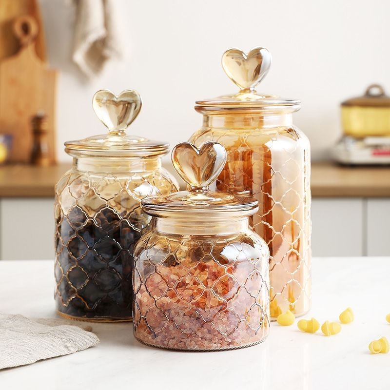 Heart-Shaped Glass Storage Jar Sealed Tea Cans Home Large-Capacity Candy Nut Coffee Bean Kitchen