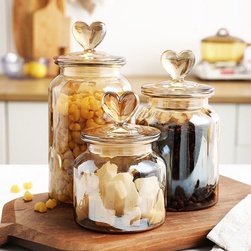 Heart-Shaped Glass Storage Jar Sealed Tea Cans Home Large-Capacity Candy Nut Coffee Bean Kitchen