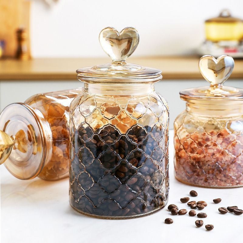 Heart-Shaped Glass Storage Jar Sealed Tea Cans Home Large-Capacity Candy Nut Coffee Bean Kitchen