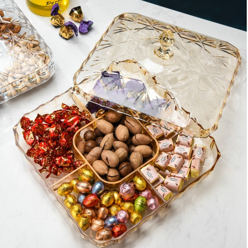 European Style Dried Fruit Plates Compartment With Cover Home Living Room Plastic Transparent Candy